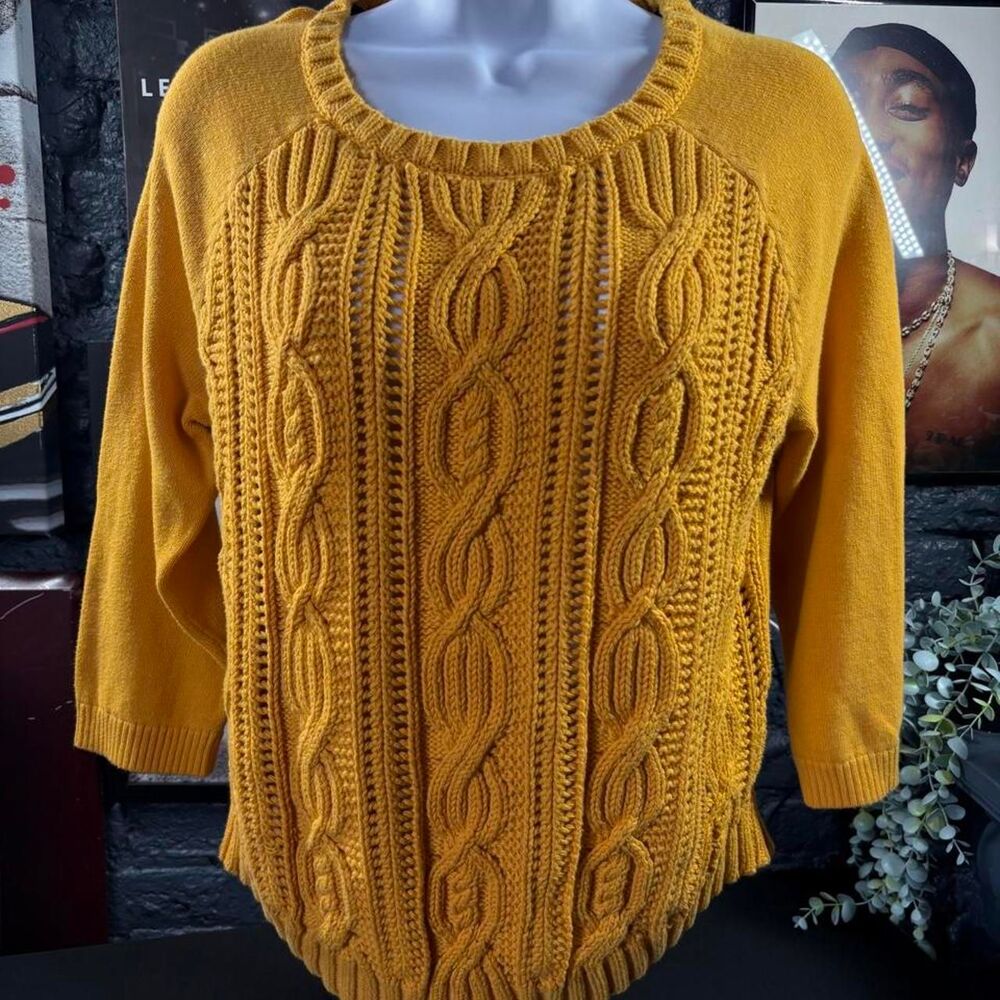 Tommy Hilfiger Mustard Yellow Cable Knit Sweater Women’s Medium 100% Cotton